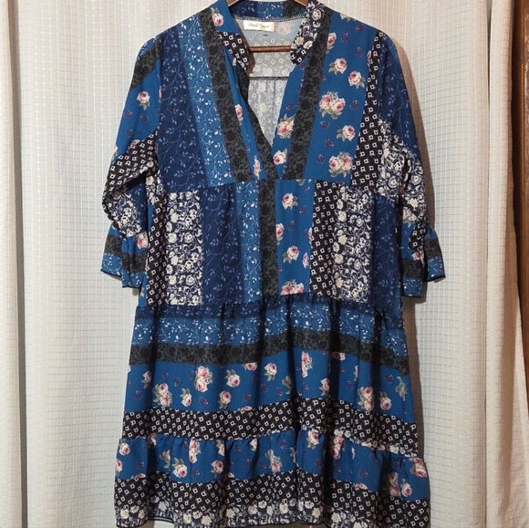 Simply Couture Dresses & Skirts - Simply Couture Dress  Womens  L Large Blue Boho 3/4 Sleeves V-Neck Knee Length